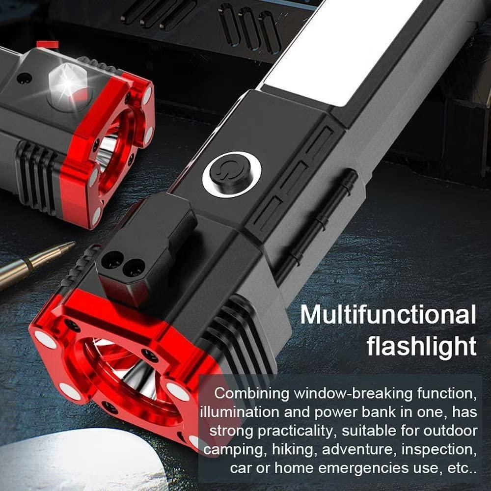 Versatile LED Flashlight with Work Light, Power Bank, Emergency Safety Hammer, Waterproof Design, Sidelight & 4 Light Modes – Ideal for Car, Outdoor, Camping, Hiking, Adventure & Inspection (Red)